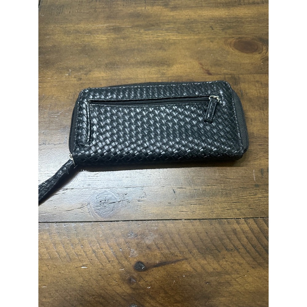 Black Woven Faux Leather Wristlet Wallet Zip Around Clutch with ID Windows - Picture 5 of 8